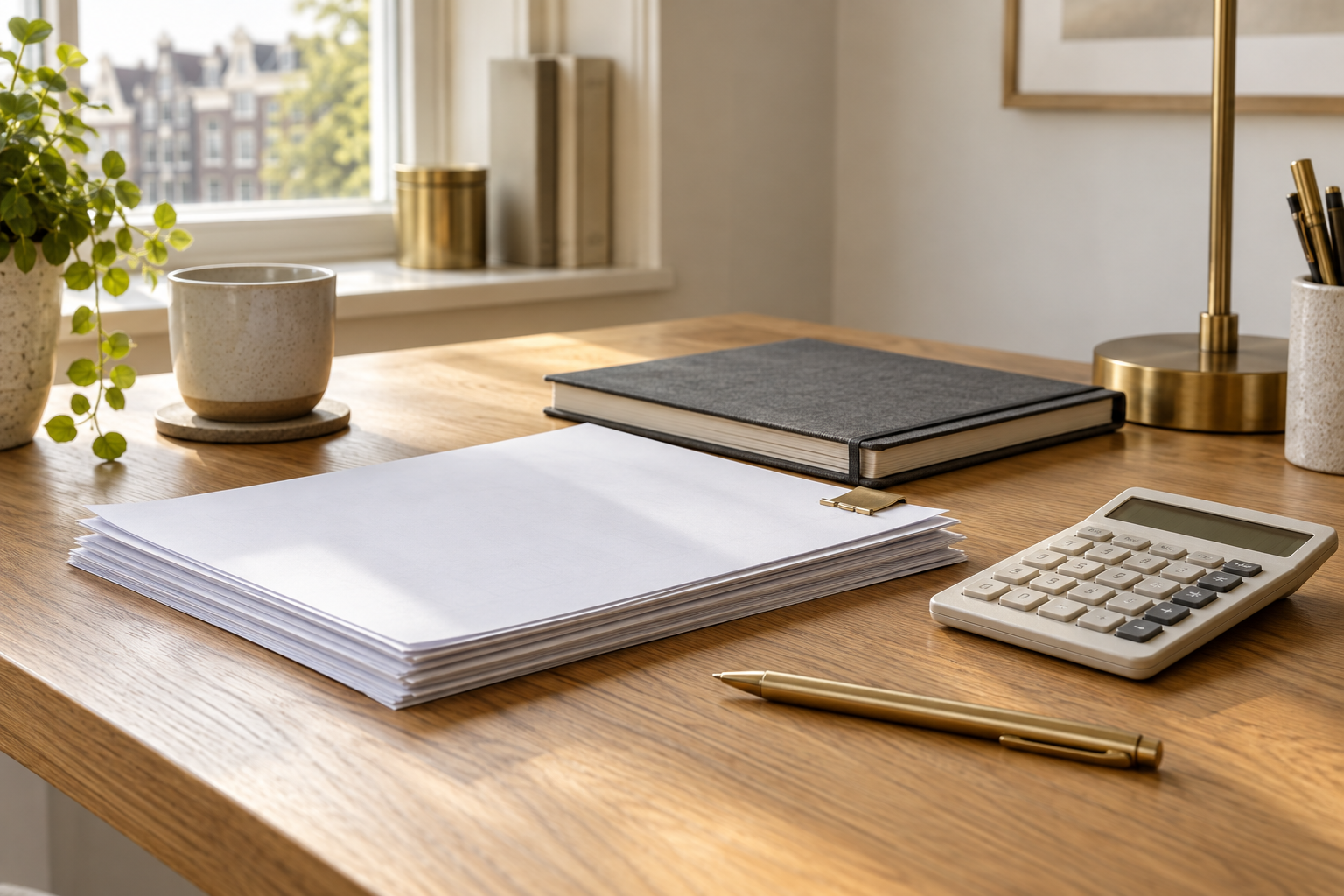Een overzichtelijk bureau met administratie, een notitieboek en rekenmachine