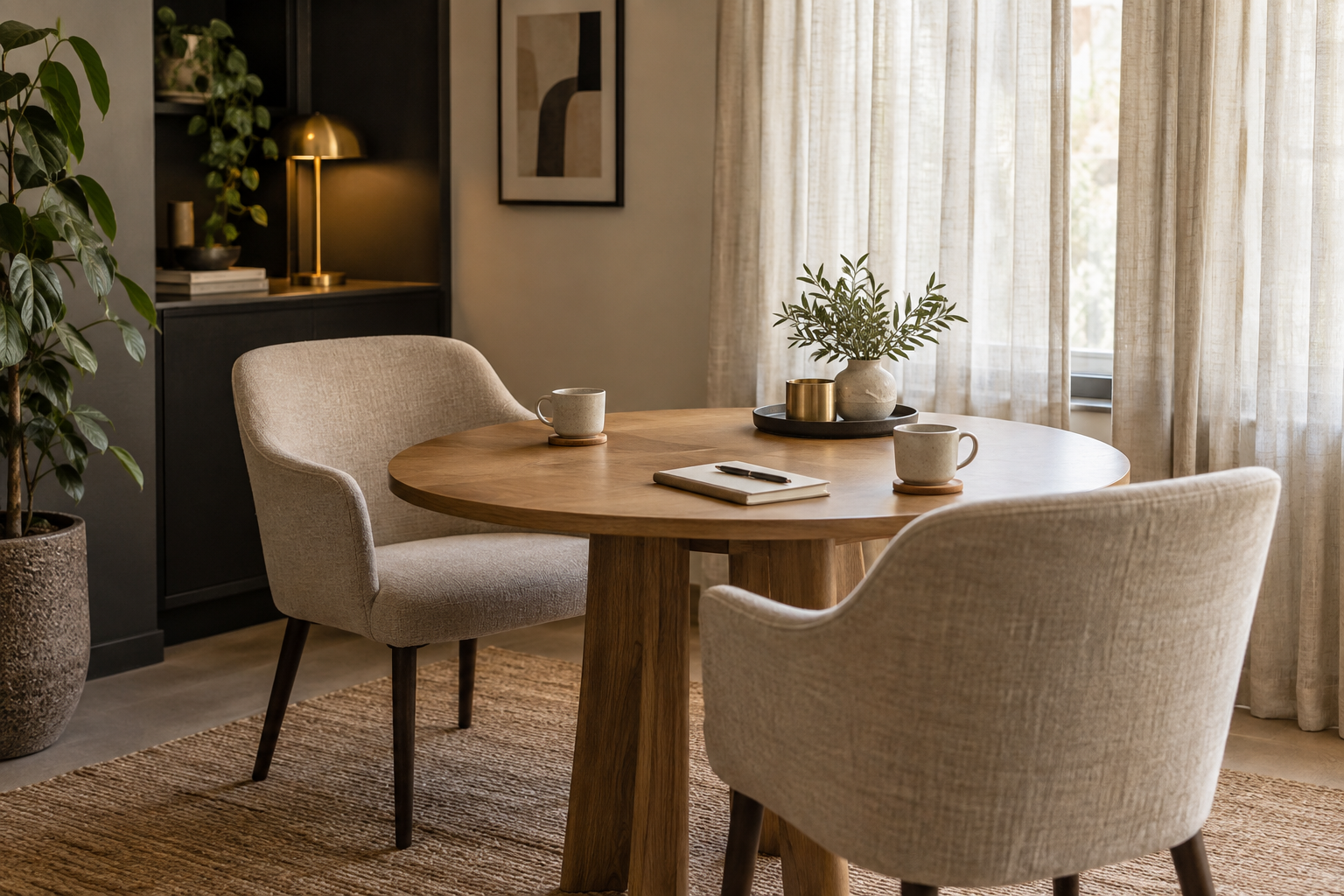 Sfeerbeeld van een rustige gespreksruimte met twee stoelen aan een tafel